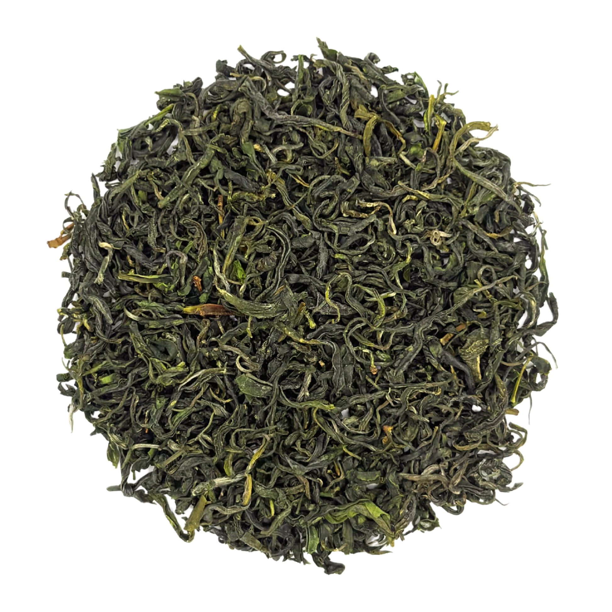 Pile of green jade tea leaves on a white background