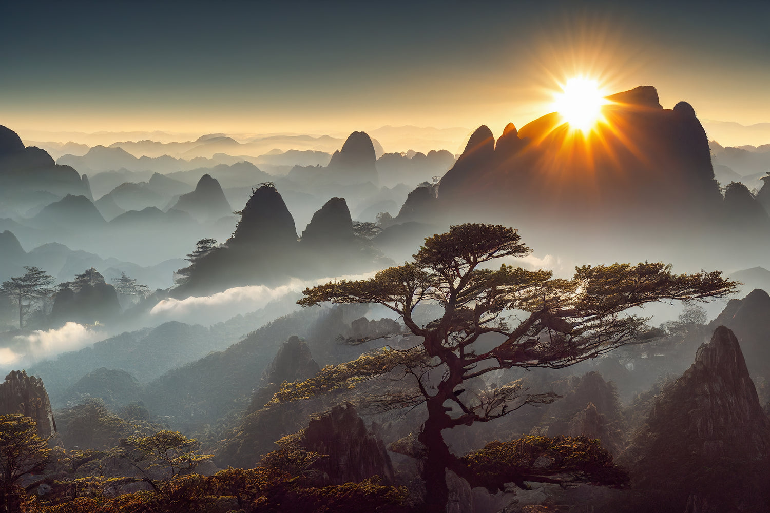 a misty sunset at Huangshan Mountain in China, showcasing the sea of mountains often depicted in ancient chinese paintings. 
